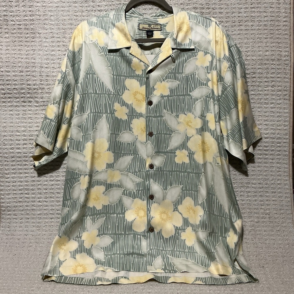 Tommy Bahama Men Hawaiian Shirt 100% Silk Short Sleeve Button-Up Fern Green L‎